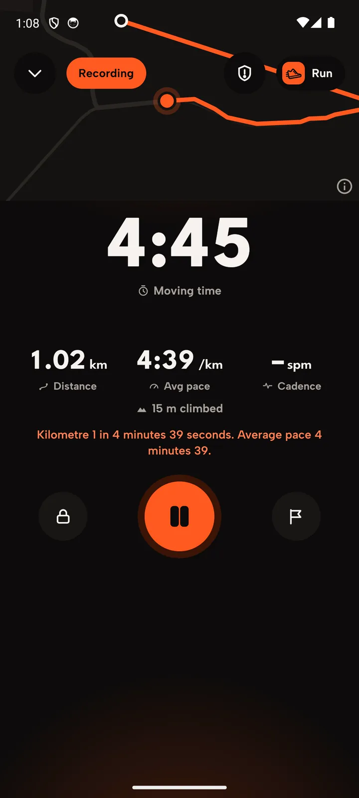 Recording a run: time, distance, average pace, cadence and the route so far