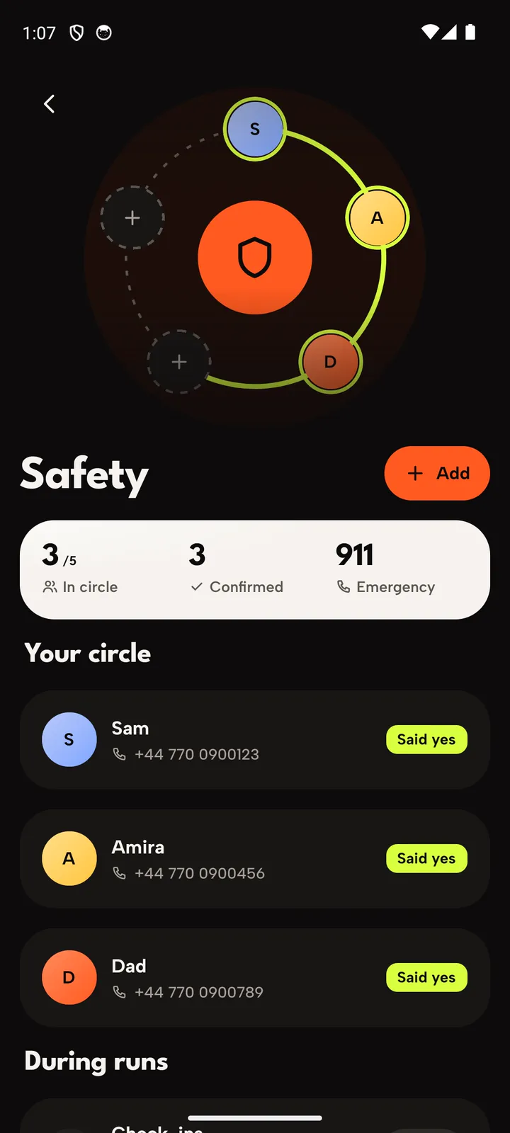 The Safety screen: your circle and who has said yes
