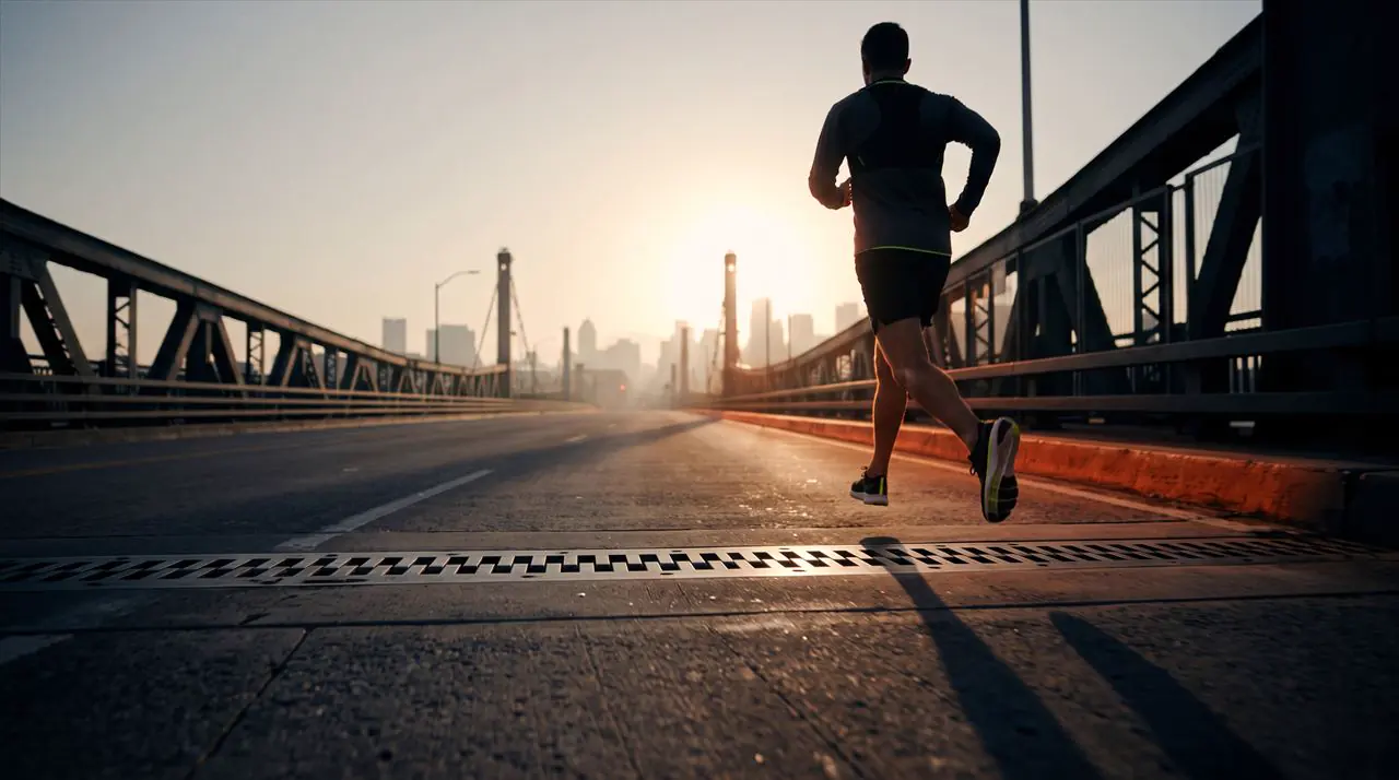 A runner on a red track at dawn, seen from above